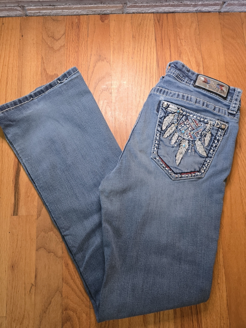Grace in LA Women's Bootcut Jeans Size 32 Blue Feather Embroidered Western